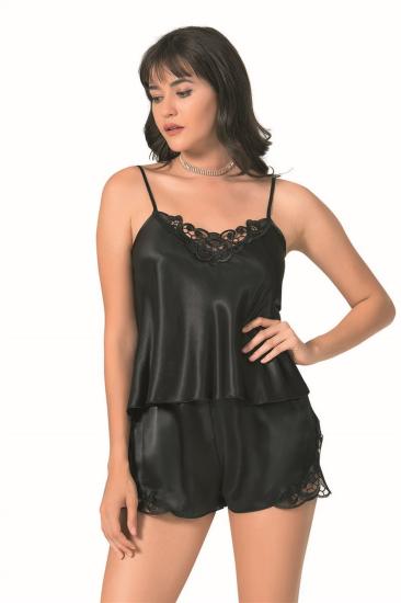 Siyah Saten Babydoll Şort Takımı