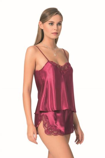 Bordo Saten Babydoll Şort Takımı