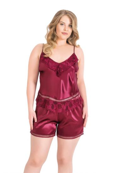 Büyük Beden Bordo Saten Babydoll Şort Takımı