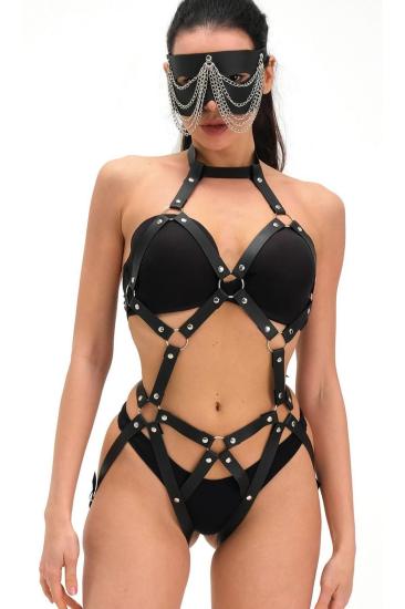 Deri Babydoll Harness Zincir Maskeli Takım 800155TAK