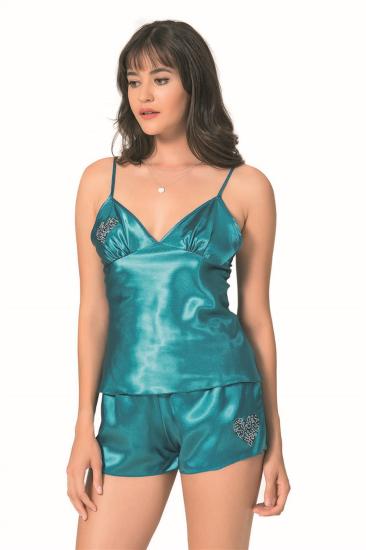 Petrol Saten Babydoll Şort Takımı