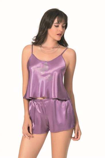 Lila Saten Babydoll Şort Takımı