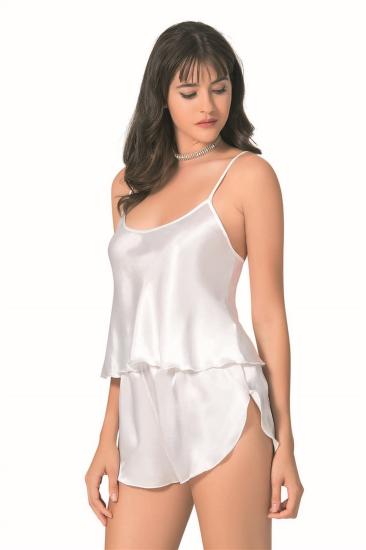 Ekru Saten Babydoll Şort Takımı