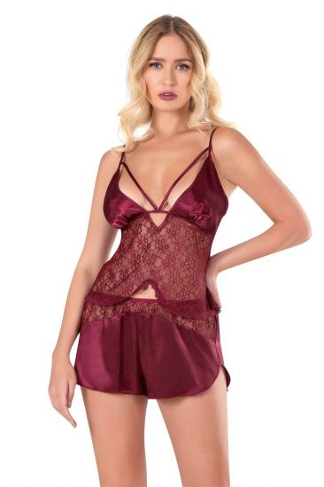 Bordo Saten Babydoll Şort Takımı