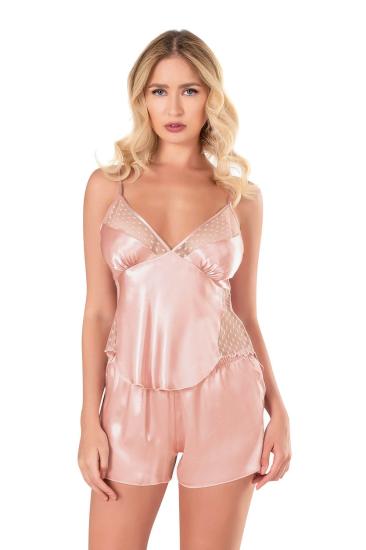 Koyu Pudra Saten Babydoll Şort Takımı