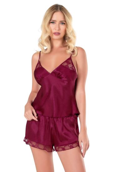 Bordo Saten Babydoll Şort Takımı