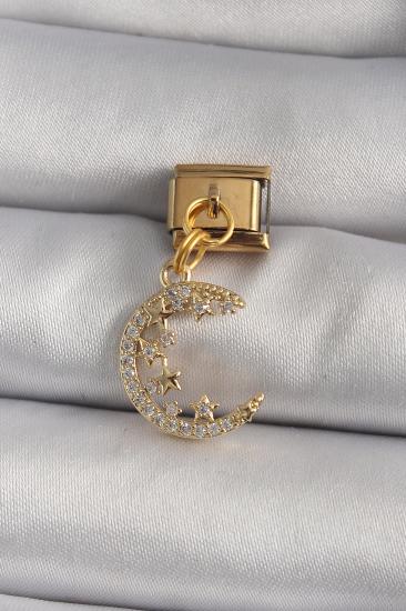 316L Çelik Gold Renk Sallantı Zirkon Taşlı Hilal Model Nomination Charm