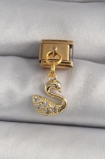 316L Çelik Gold Renk Sallantı Zirkon Taşlı Kuğu Model Nomination Charm