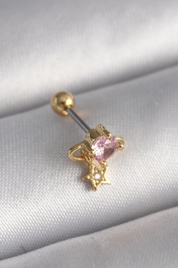 316L Çelik Gold Renk Pembe Zirkon Taşlı Sallantı Yıldız Detay Tragus Piercing