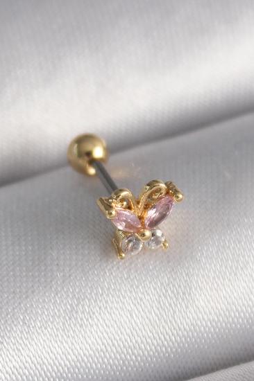 316L Çelik Gold Renk Pembe Zirkon Taşlı Kelebek Tragus Piercing