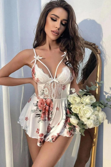 Mikro Üstüne Çiçek Baskılı Dantelli Babydoll Fantezi Gecelik Takım