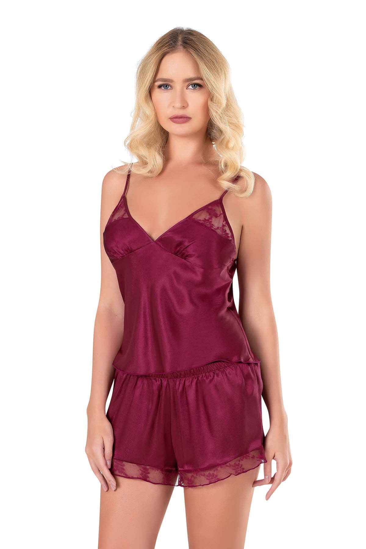 Bordo%20Saten%20Babydoll%20Şort%20Takımı