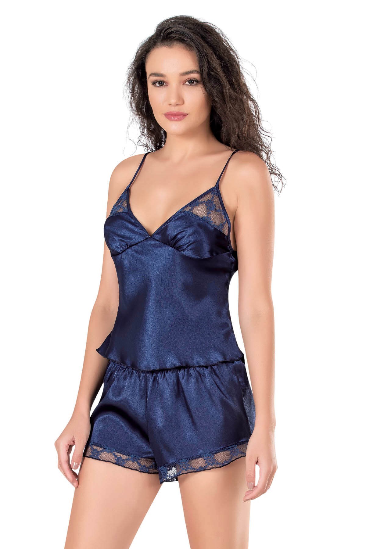 Lacivert%20Saten%20Babydoll%20Şort%20Takımı