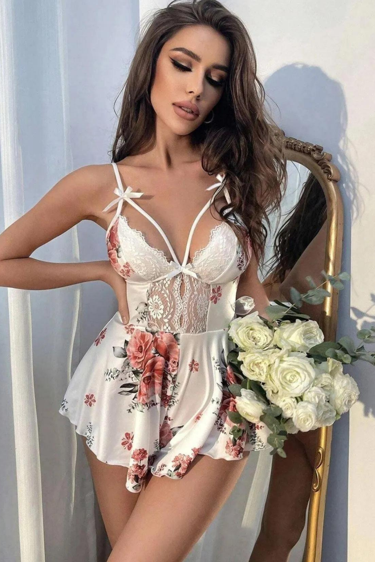 Mikro%20Üstüne%20Çiçek%20Baskılı%20Dantelli%20Babydoll%20Fantezi%20Gecelik%20Takım